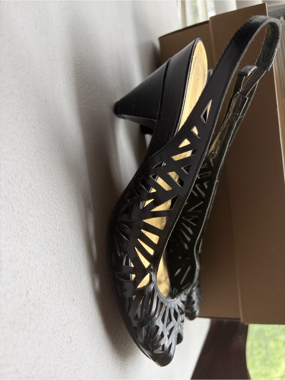 Vince Camuto Black Laser-Cut Slingback Peep-Toe Flats with Gold Insole